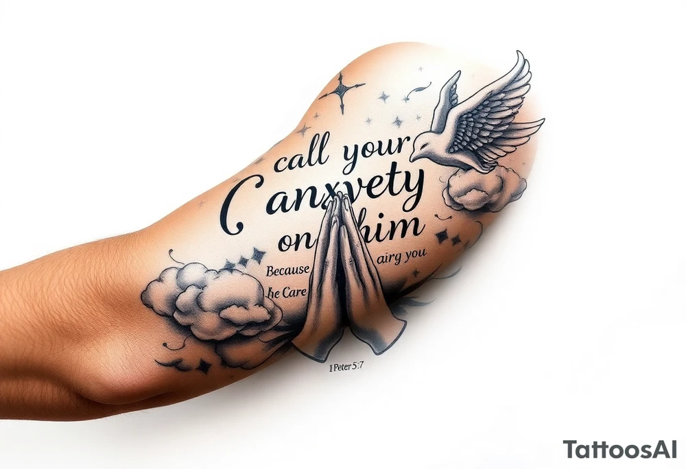 cast all your anxiety on him because he cares for you"  1 peter 5:7 surrounded with clouds and angels and praying hands tattoo idea
