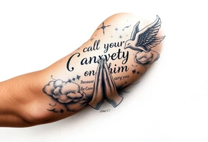 cast all your anxiety on him because he cares for you"  1 peter 5:7 surrounded with clouds and angels and praying hands tattoo idea
