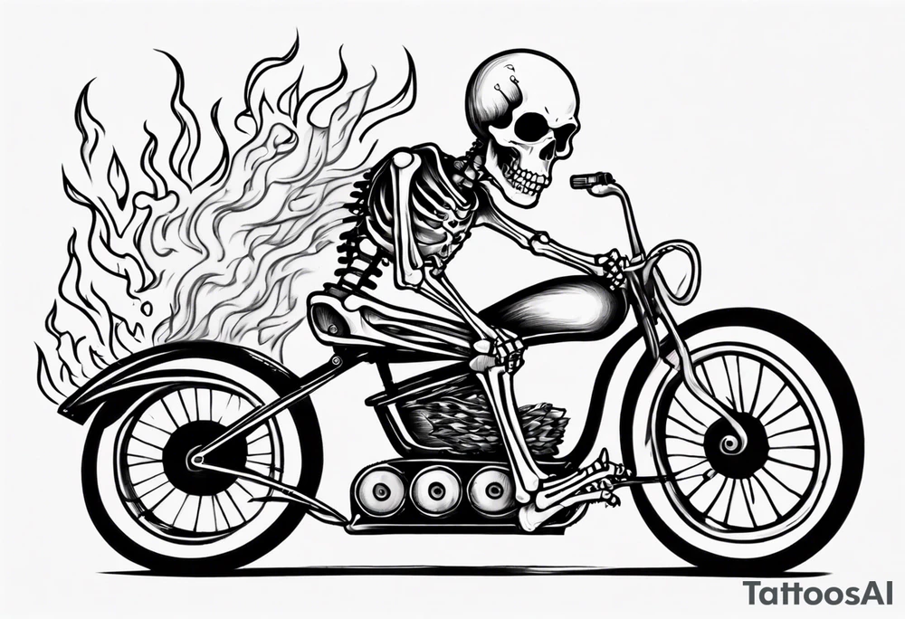 Skeleton riding a bike with flames tattoo idea
