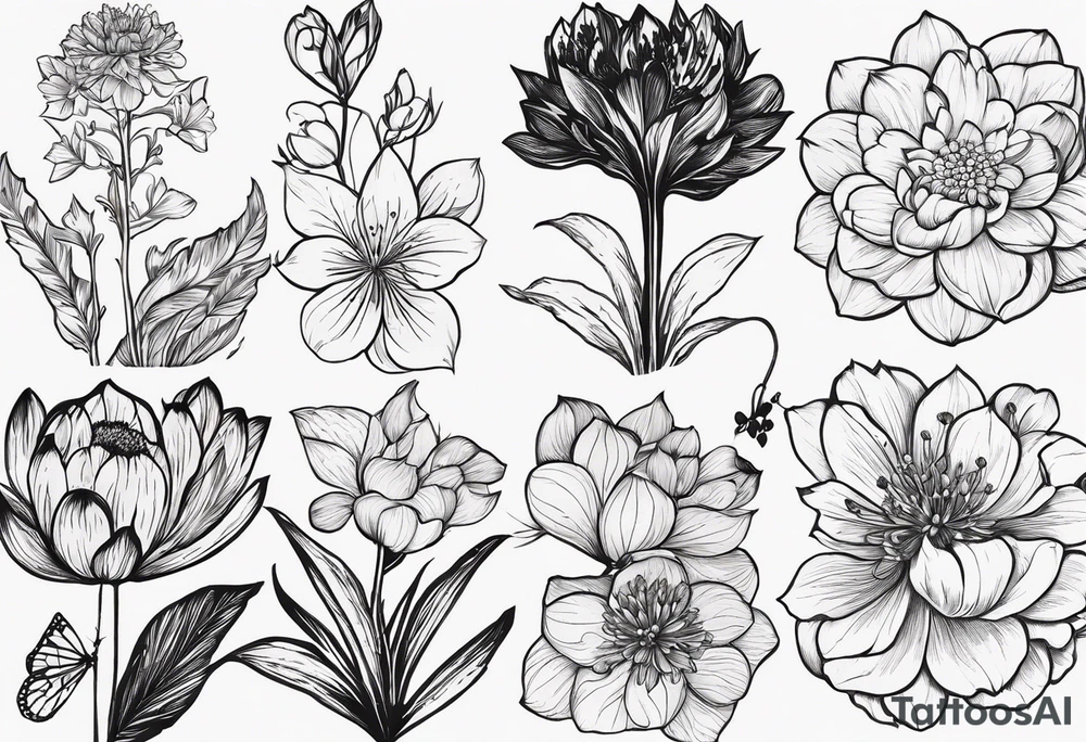 I want a full sleeve that tells the story of the people most important to me. I want my daughter’s birth flowers. One daughter’s birth flowers are larkspur and water lily. My second daughters birth flowers are chrysanthemum and peony. I also want a Palm tree and juniper tree represented because their names are Palmer and Juniper. I want my husband and I represent in some way as well. My husbands birth flowers are Iris and violet. My birth flowers are hawthorn and lily of the valley. Add a juniper tree and palm tree tattoo idea