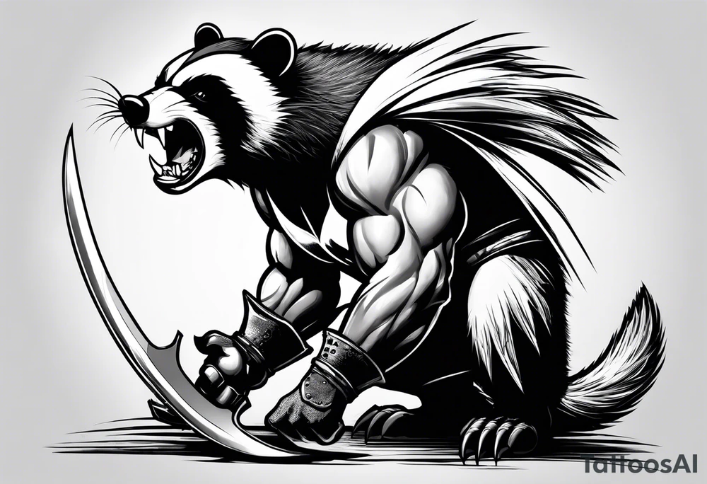 Draw me badger/wolverine with aggressive full body show, killer face with cute smile, very long nails and he attacks like a Turkish gladiator to enemy and also he has very deadly looking. The only weapon is his braveness. tattoo idea