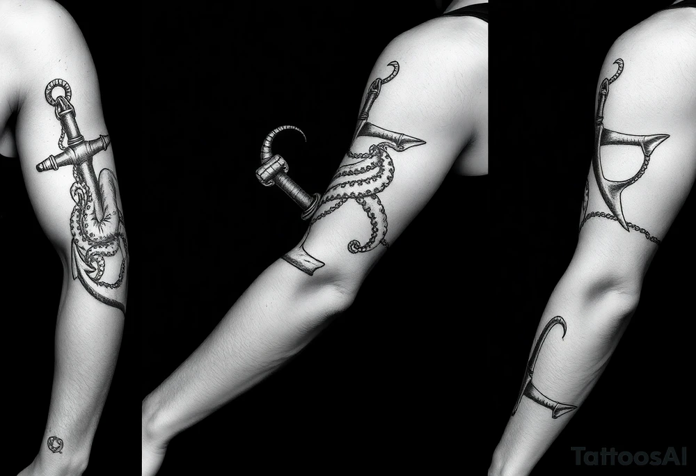 anchor with a pair of lung ingraved on it with an octopus who is holding the anchor and pulling doward on my forearm then on my upper arm and shoulder a hammerhead shark who is tied to the anchor and  pulling up on it tattoo idea