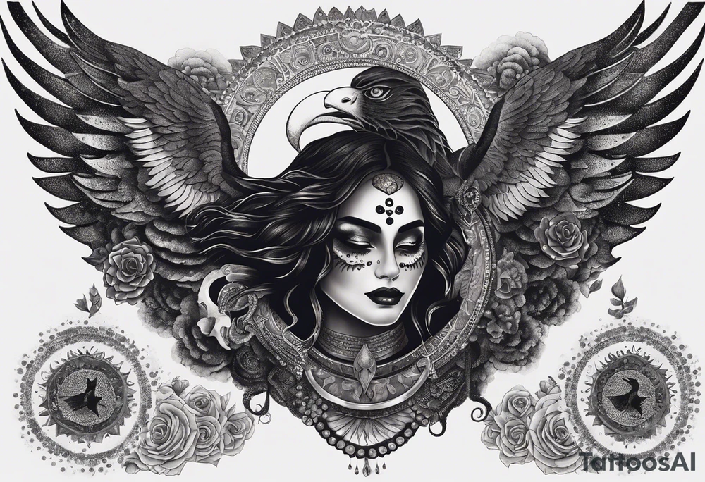 black kali, goddess pirate, alien, angel, pachamama, valkrye, warrior, flying, skull, lotus azul, wing, eagle, zenza resonance, stars, 5D, anahata chakra, death, durga, riding on a tiger, flying lady, kundalini, chest tatoo, samuri, rebel,s erpent tattoo idea