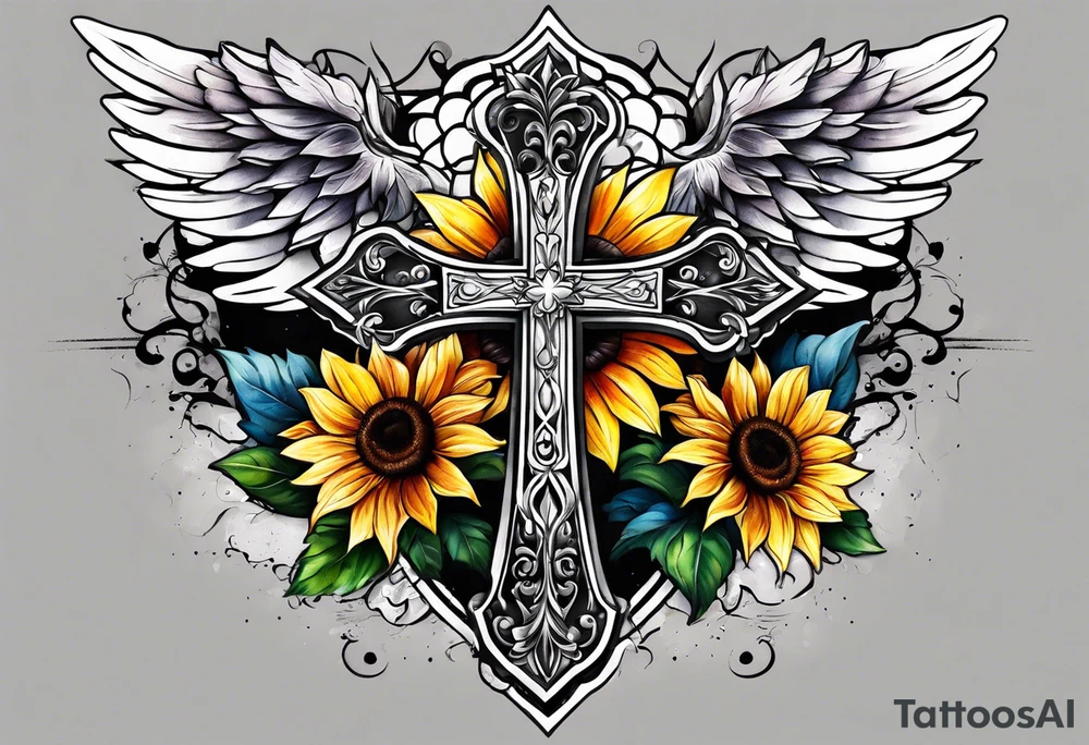 Winged cross with sunflower arm sleeve tattoo idea