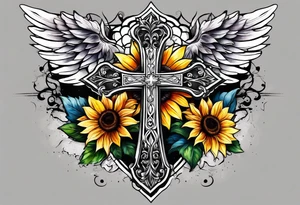 Winged cross with sunflower arm sleeve tattoo idea