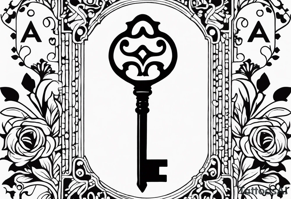 Antique key with alphabet letters as it's teeth tattoo idea