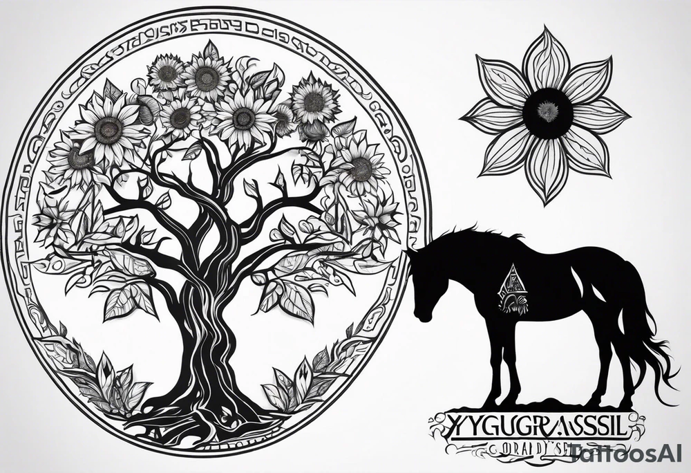 Yggdrasil tree, horse, sunflower tattoo idea