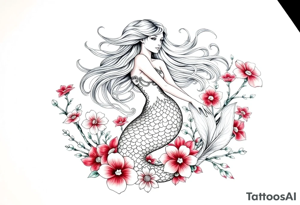 ethereal mermaid with flowing hair among coral and sea flowers tattoo idea