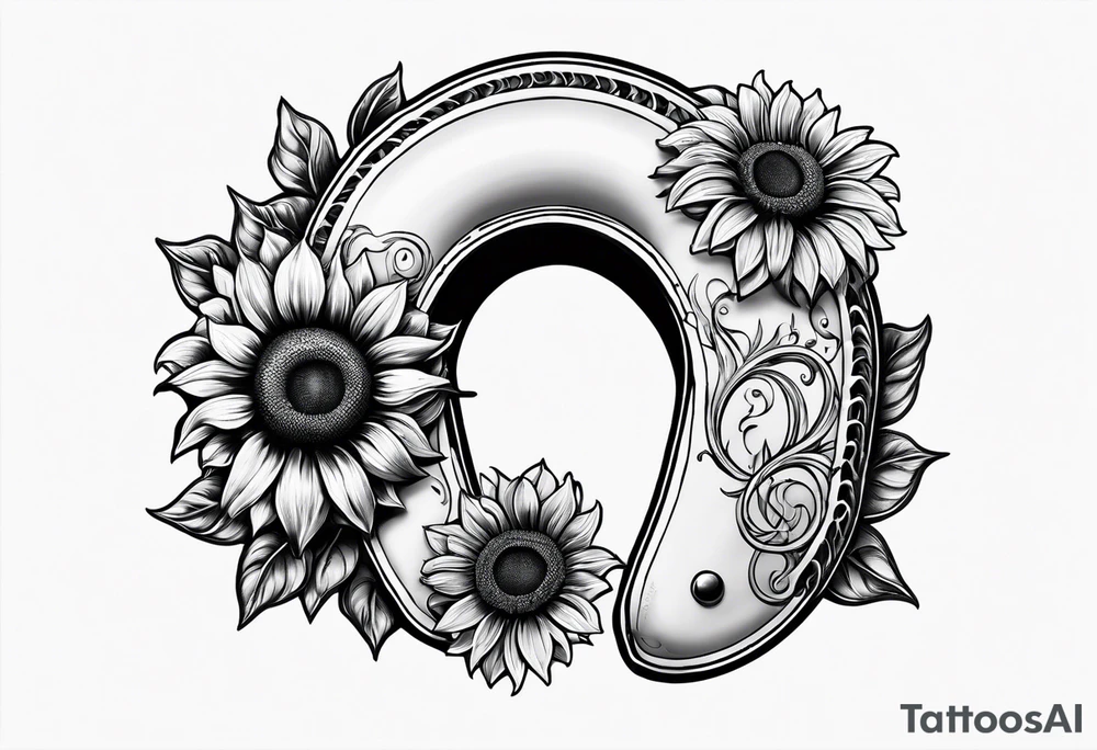 Realistic Horseshoe around a sunflower tattoo idea