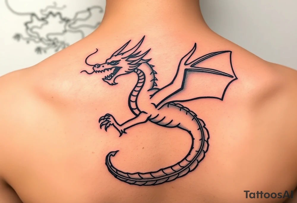 fierce dragon breathing iridescent fire against stormy skies tattoo idea