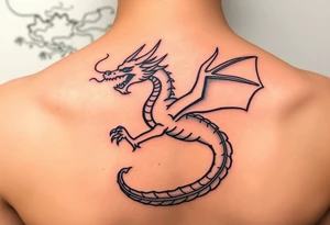 fierce dragon breathing iridescent fire against stormy skies tattoo idea