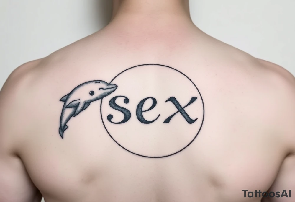 The word dolphin and the word sex written in cartoon writing in the shape of a circle tattoo idea