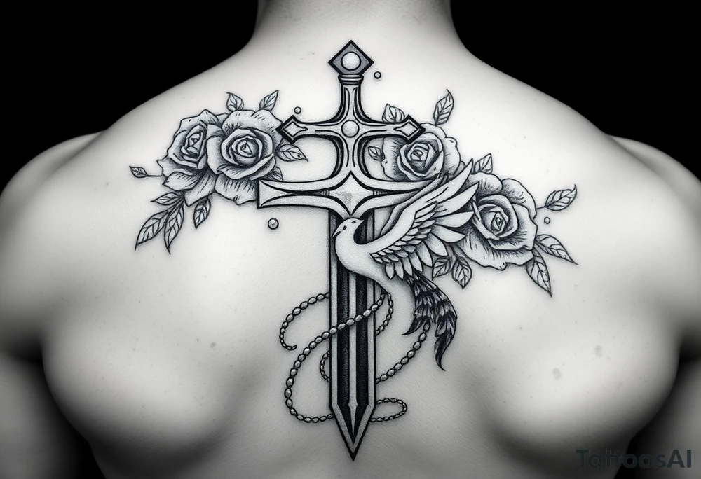 Cross sword on arm darkened in with roses pearls on the sword and a small phoenix rising from the ashes feminine tattoo idea