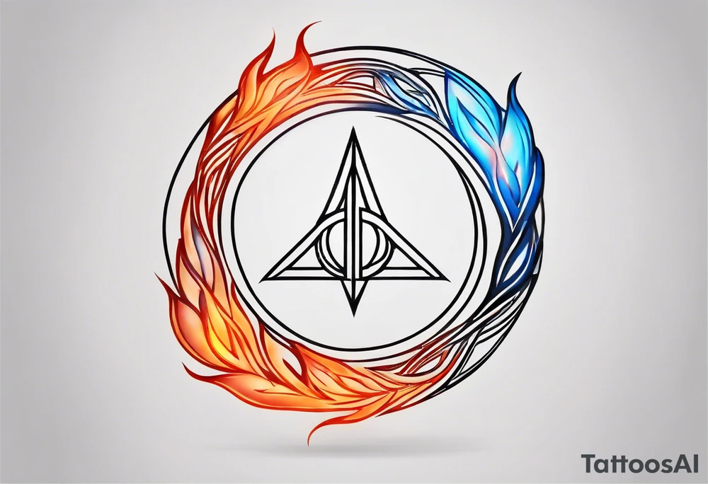 Twin flame symbol. Tattoo should be the size of a half dollar. Symbol should be minimalistic and have clean lines. Give it fire. Straight clean line border around the fire. Fire color is blue intertwined with orange and red. Not too much color. No shading except for fire. tattoo idea