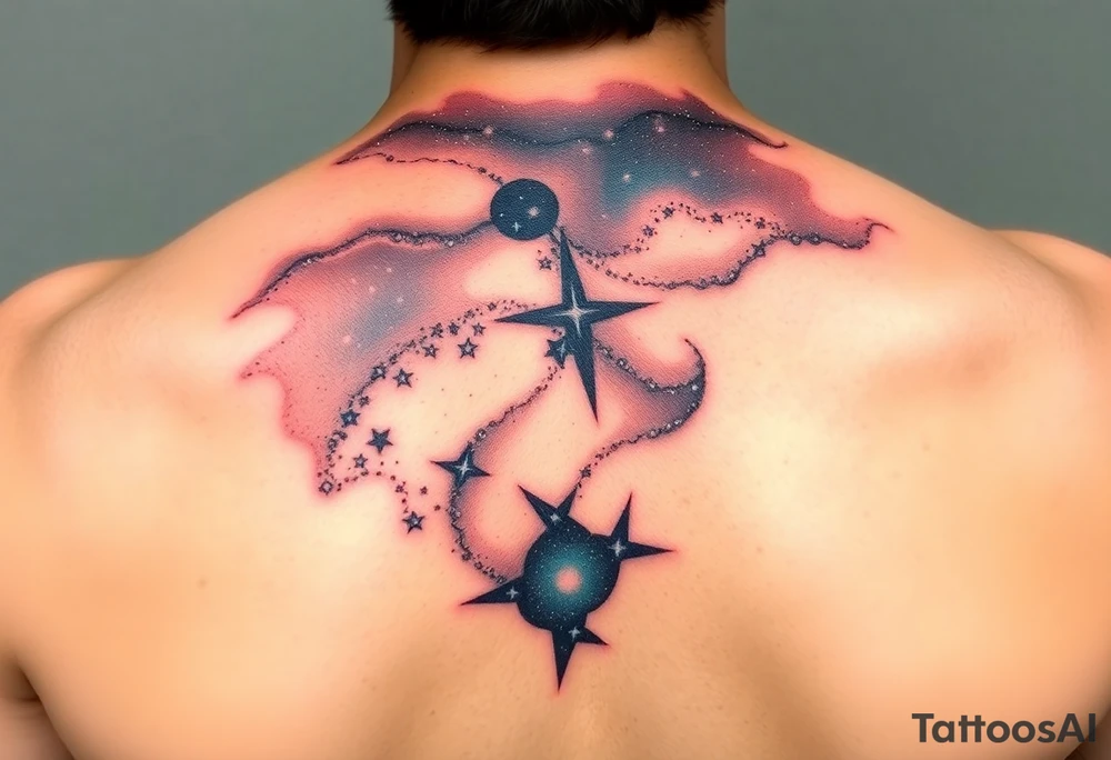Beautiful and epic 3d milky way that appears to be what is beneath the skin. Make it drape over the shoulder and move to the middle back. use negative spaces to create stars and dust. Incorporate God breathing life into the universe. Keep it symmetrical tattoo idea