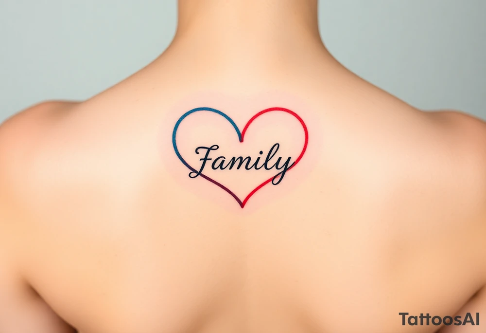 An infinity symbol with a colorful heart-shaped infinity loop, and the word "family" elegantly placed at the center in a soft script tattoo idea