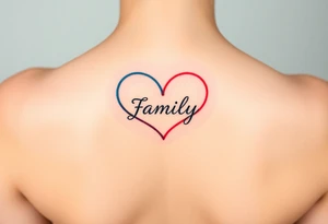 An infinity symbol with a colorful heart-shaped infinity loop, and the word "family" elegantly placed at the center in a soft script tattoo idea