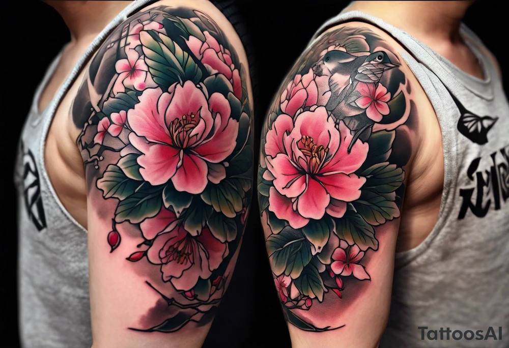 Japanese cherry blossom with birds, butterflies and rose on the forearm tattoo idea
