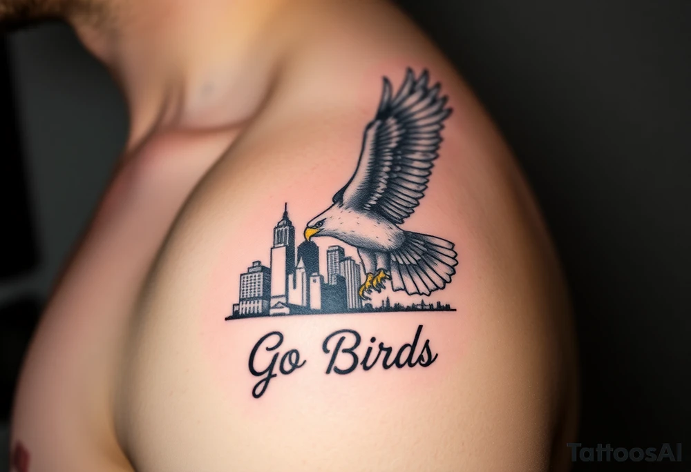 Philadelphia Classic eagle flying over Philadelphia city skyline with Go Birds written under it tattoo idea