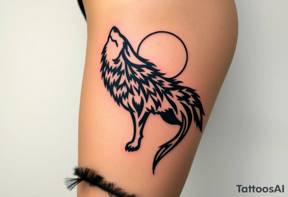 lone wolf howling at full moon with northern lights backdrop tattoo idea