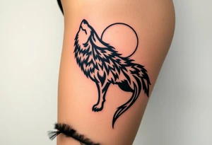lone wolf howling at full moon with northern lights backdrop tattoo idea