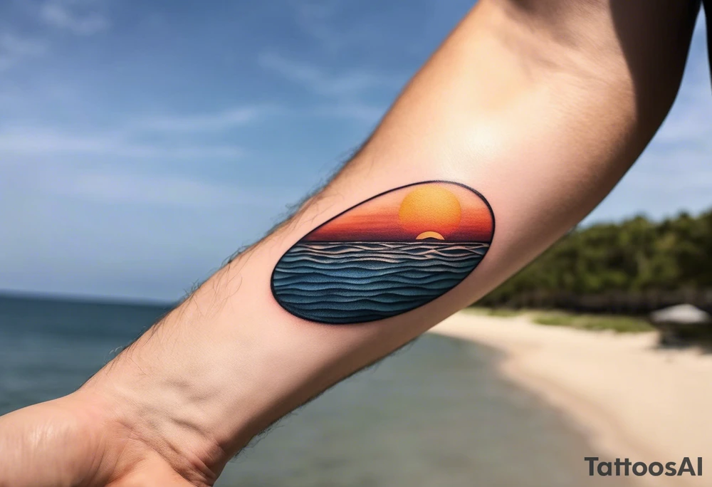 This is an extremely simple and minimalistic tattoo on male forearm. The tattoo covers the forearm lengthwise and is not tall or round. From the perspective of being on the ocean, Water is calm, with no waves in sight, the sun is setting behind the ocean, reflecting light onto the ocean. tattoo idea