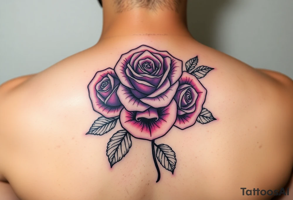 Create a rose tattoo with 3 roses add purple and pink also add black and make it bold tattoo idea