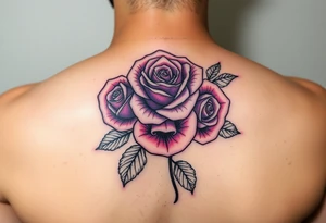 Create a rose tattoo with 3 roses add purple and pink also add black and make it bold tattoo idea