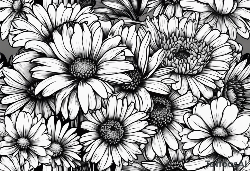 bouquet of daisy, aster, and carnations with stems tattoo idea
