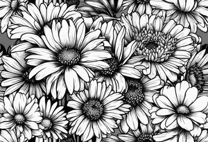 bouquet of daisy, aster, and carnations with stems tattoo idea