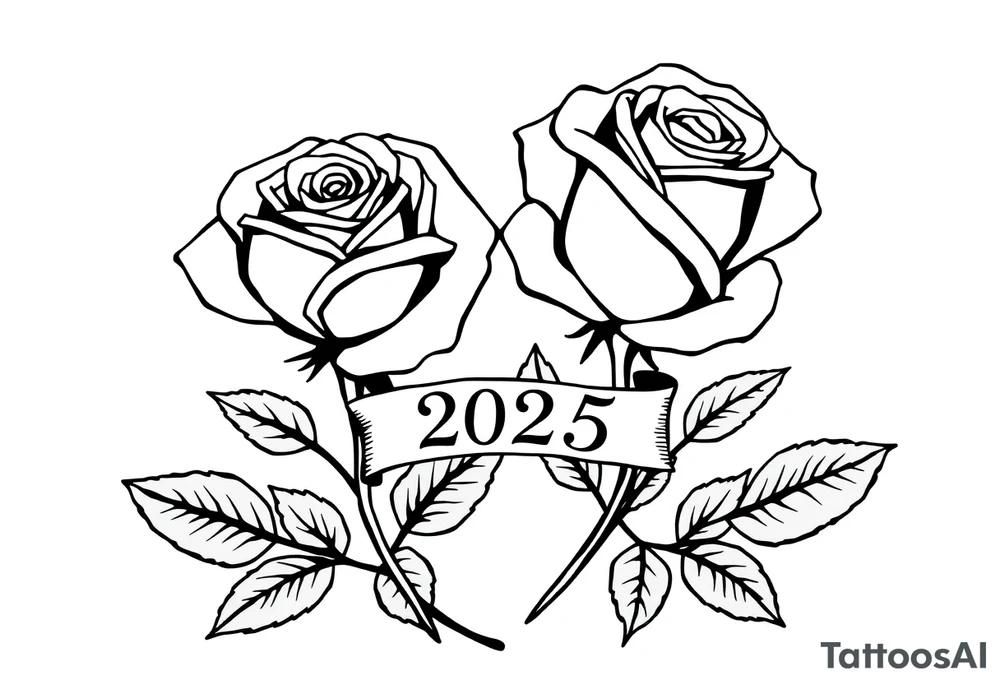 two beautiful large rose buds, one larger than the other, with many leaves next to the rose buds, with one sitting higher than the other. Include a banner connecting the two roses with the year "2025" on it.   Use dark outlines with little shading. The two stems should be short, not long, and connect and join into one stem, whimsically curved or twisted - not straight down. tattoo idea