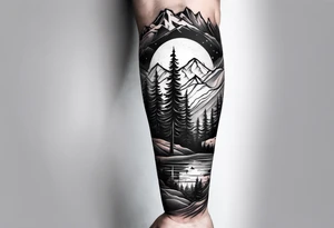 arm sleeve with trees, mountains and snow skier tattoo idea
