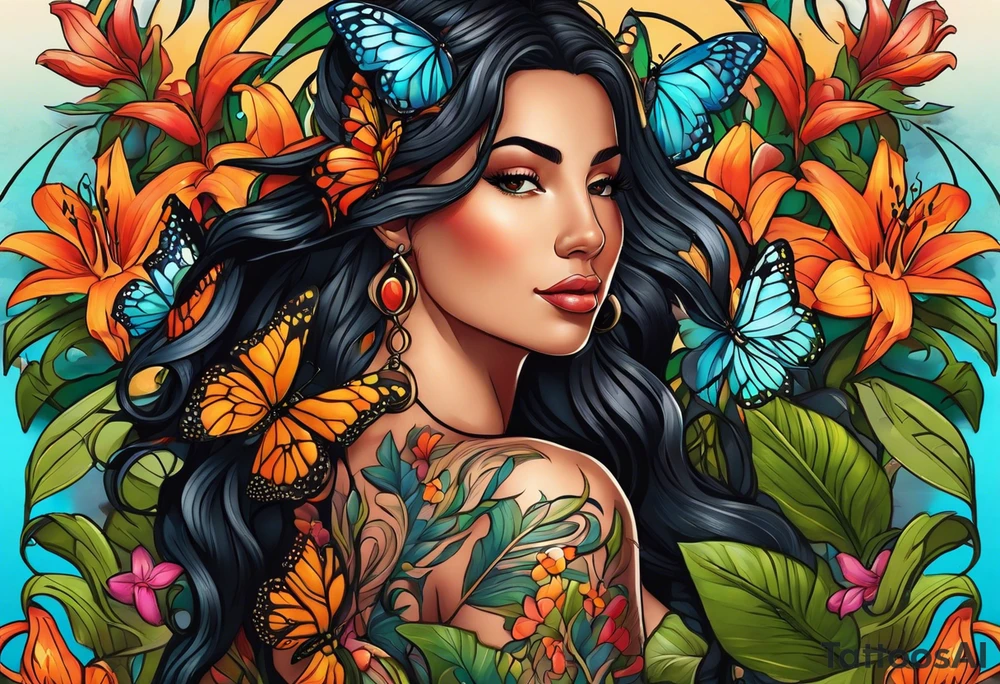 Forward-facing, portrait full length of Hispanic wood nymph made or bark and branches standing upright.  Butterflies in background. Lillies near her feet with colorful vegetation. tattoo idea