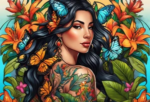 Forward-facing, portrait full length of Hispanic wood nymph made or bark and branches standing upright.  Butterflies in background. Lillies near her feet with colorful vegetation. tattoo idea