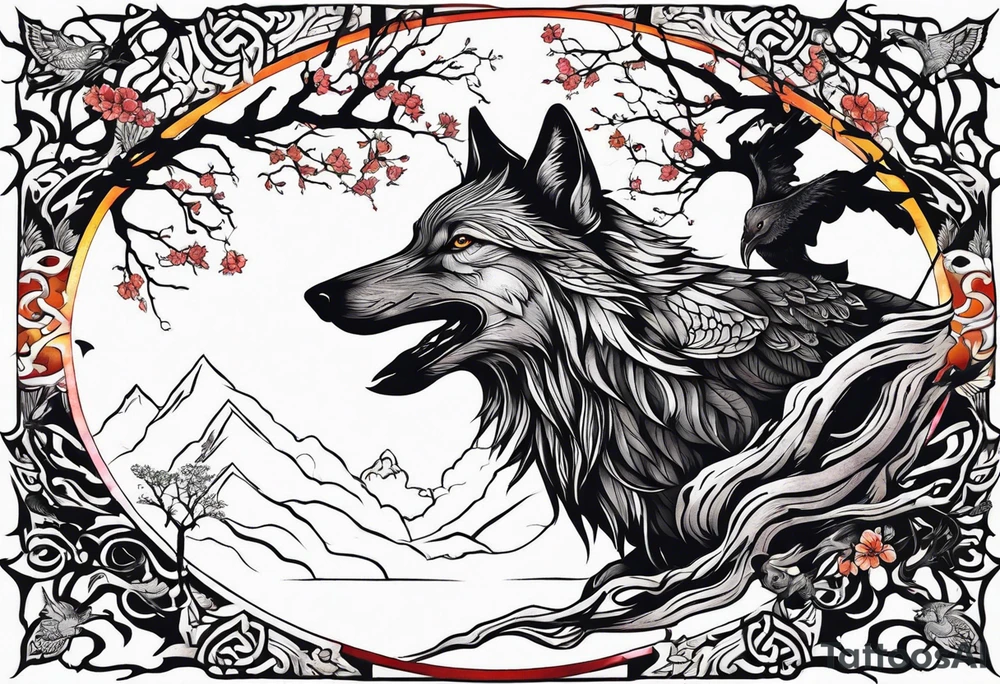 wolf raven and tree of life tattoo idea
