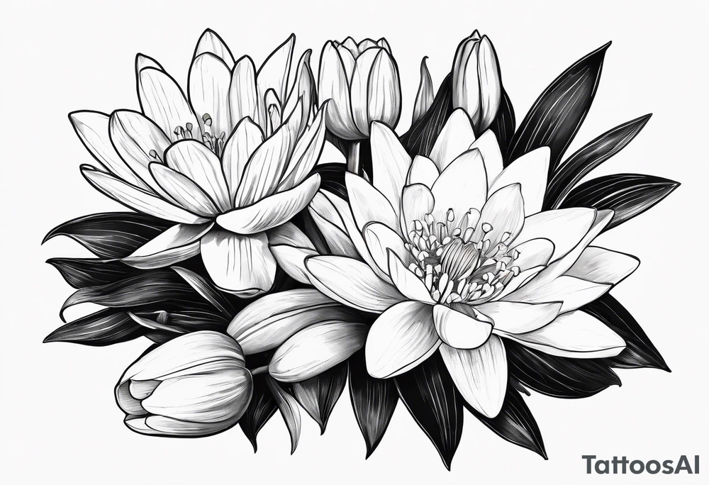 Water Lilly, Lilly of the valley and narcissus bouquet, minimalist. with stems tattoo idea