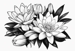 Water Lilly, Lilly of the valley and narcissus bouquet, minimalist. with stems tattoo idea