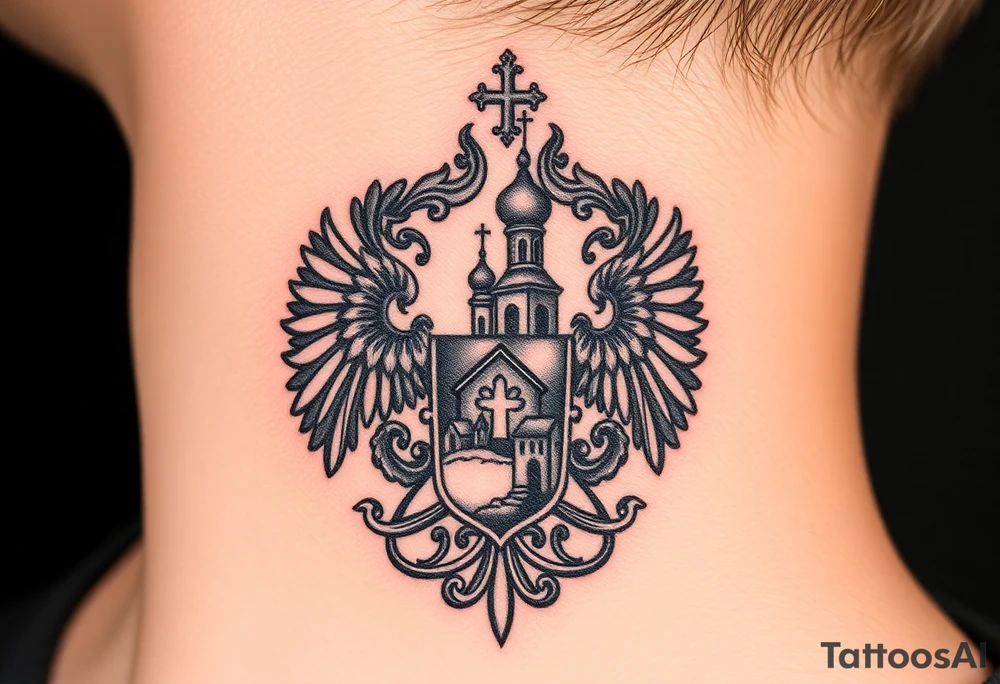 Traditional authentic Russian coat of arms with a Christian orthodox virgin marry in the middle and silhouette in a Russian wilderness Christian orthodoxy dome church village setting on the side of my neck tattoo idea