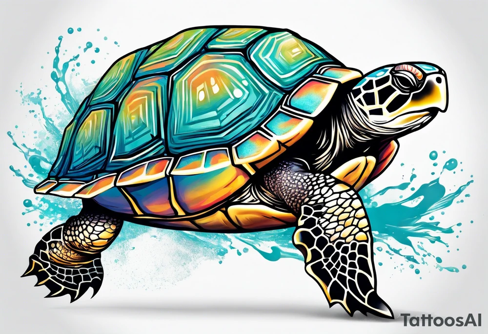 A turtle running on 2 legs across a finish line tattoo idea