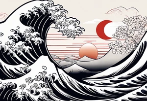 hello! can you generate me a tattoo sleeve in japanese drawing style by using these elements: waves, a cat, the sun, clouds and japanese lotus tattoo idea