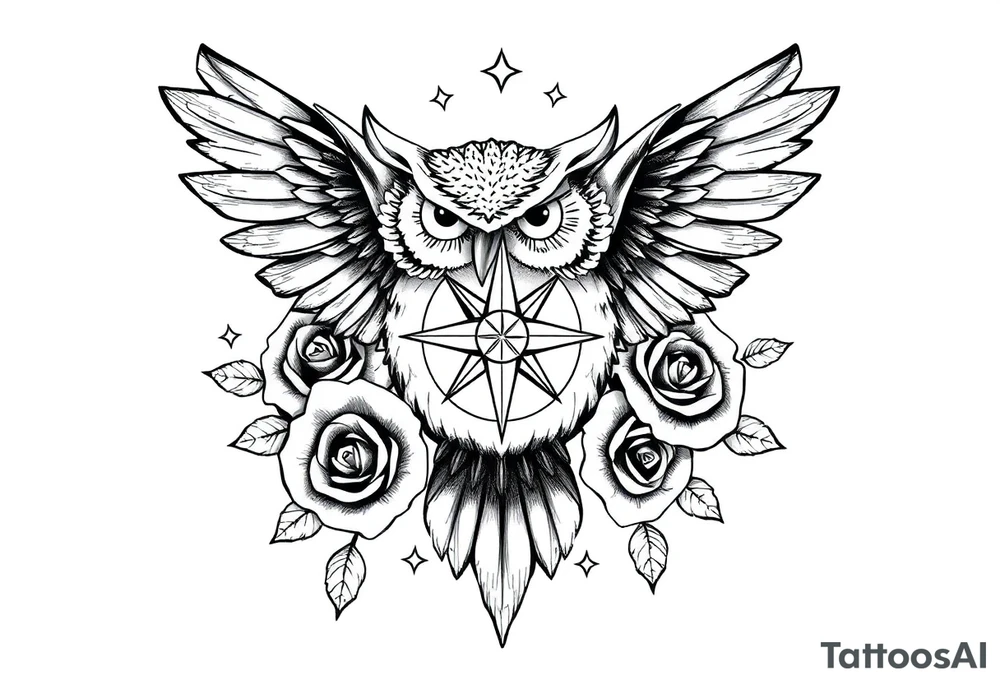 an owl,compass,roses,stars. tattoo idea