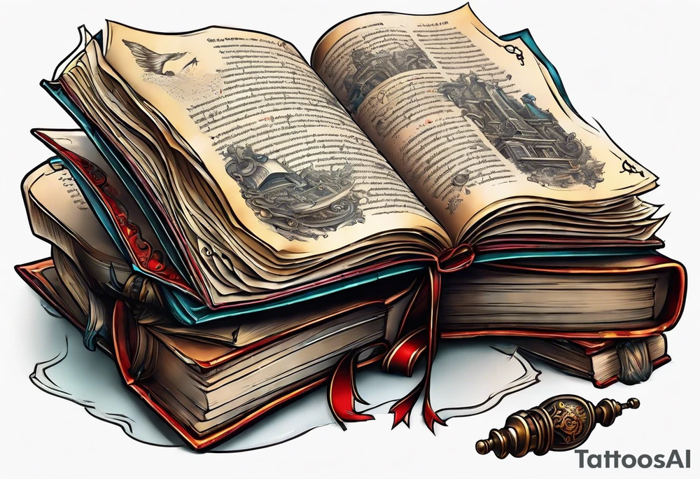 pile of open books no background tattoo idea