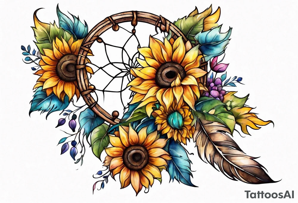 Dreamcatcher and sunflowers forearm sleeve tattoo idea