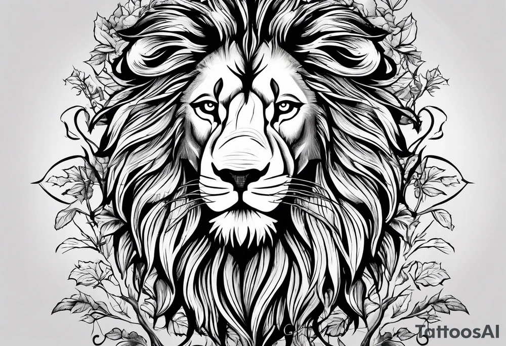 The lion of Judah, which is Jesus Christ, is tied and intertwined within a maple tree, and a cross as well tattoo idea