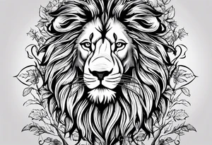The lion of Judah, which is Jesus Christ, is tied and intertwined within a maple tree, and a cross as well tattoo idea