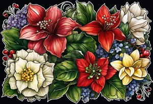 Hydrangea, Narcissus, Poinsettia, Holly, Gladiolus, Poppy, Daisy, Sweet Pea floral tattoo idea