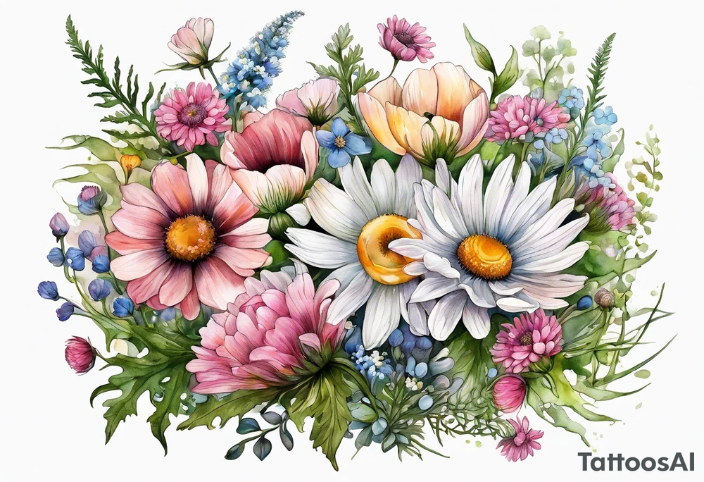 an oval of wildflowers cascading with thistles, ferns, white anemones, sun flowers, buttercups, pink flowers, babys breath and daisies all in watercolor tattoo idea