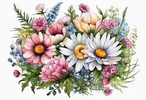 an oval of wildflowers cascading with thistles, ferns, white anemones, sun flowers, buttercups, pink flowers, babys breath and daisies all in watercolor tattoo idea