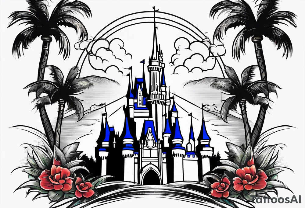 disney castle with lightning palm trees and a mickey mouse tattoo idea