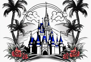 disney castle with lightning palm trees and a mickey mouse tattoo idea